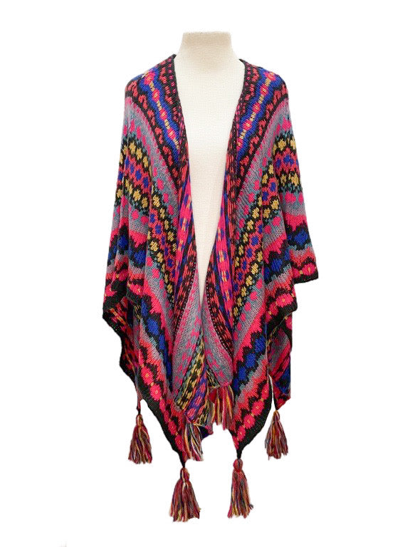 ❤Fair Isle open poncho with tassels