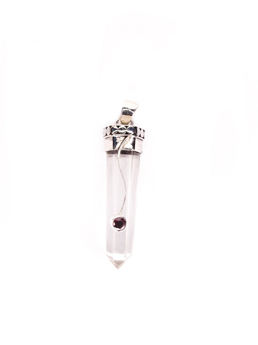 Clear quarts point & garnet silver pendant