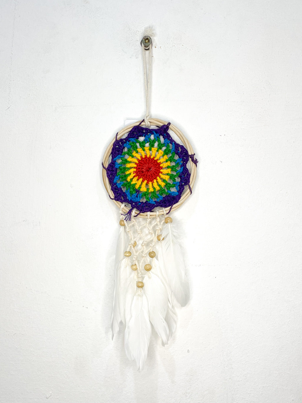 8cm diameter crochet rainbow dreamcatcher