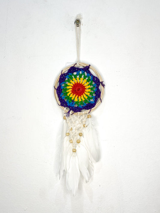 8cm diameter crochet rainbow dreamcatcher
