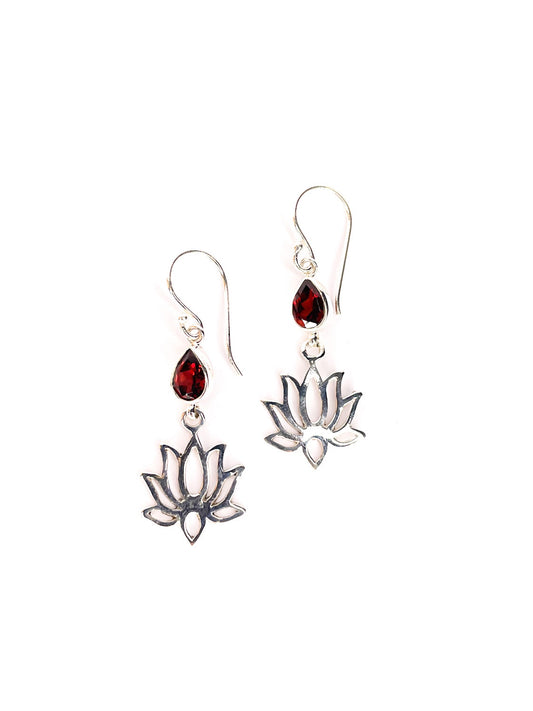 Silver lotus garnet silver drop earrings