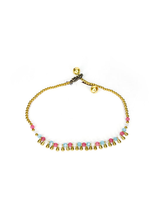 Stone and raindrop brass beaded anklet - various colours