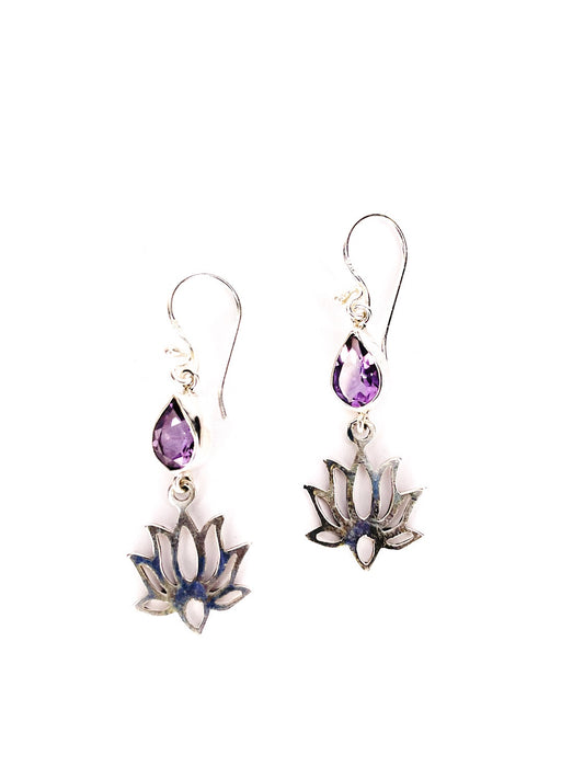 Silver lotus and amethyst drop earrings