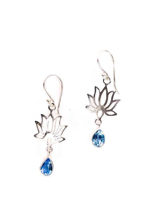 Silver lotus and aquamarine drop earrings