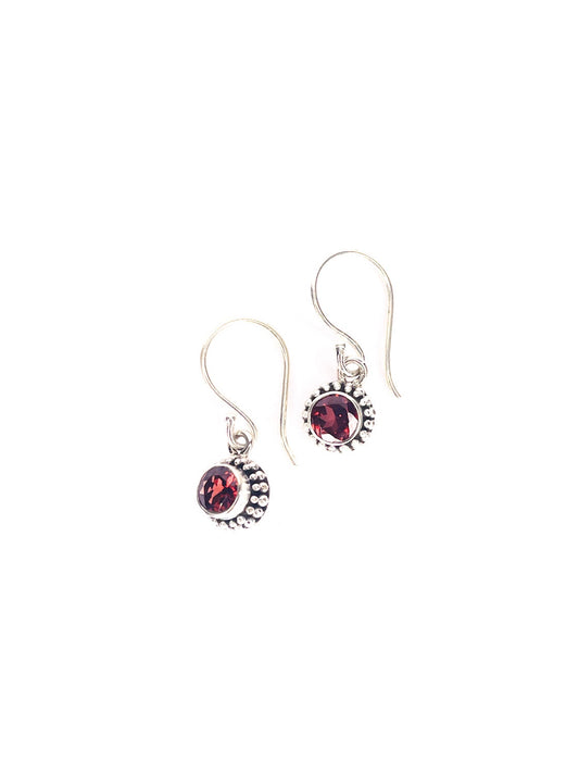 Round garnet silver drop earrings