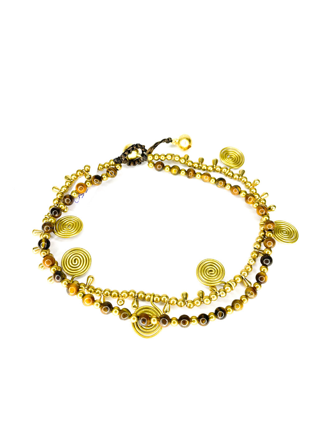 Stone and brass beaded double strand anklet with spiral detail - various colours