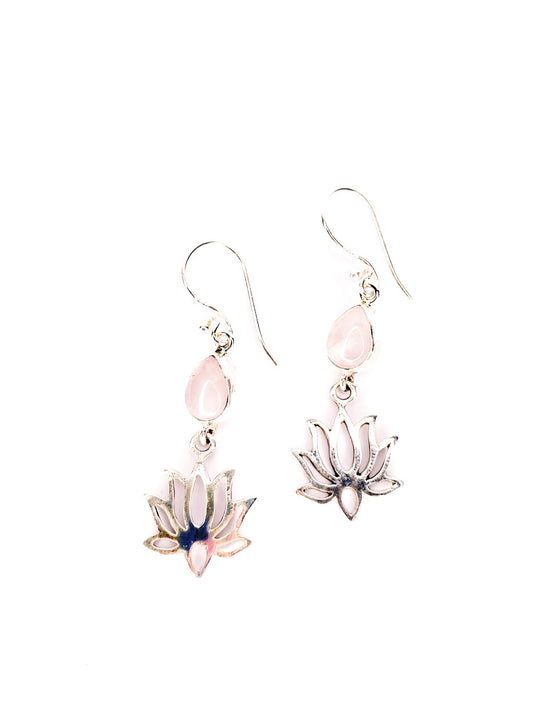 Silver lotus and moon stone drop earrings