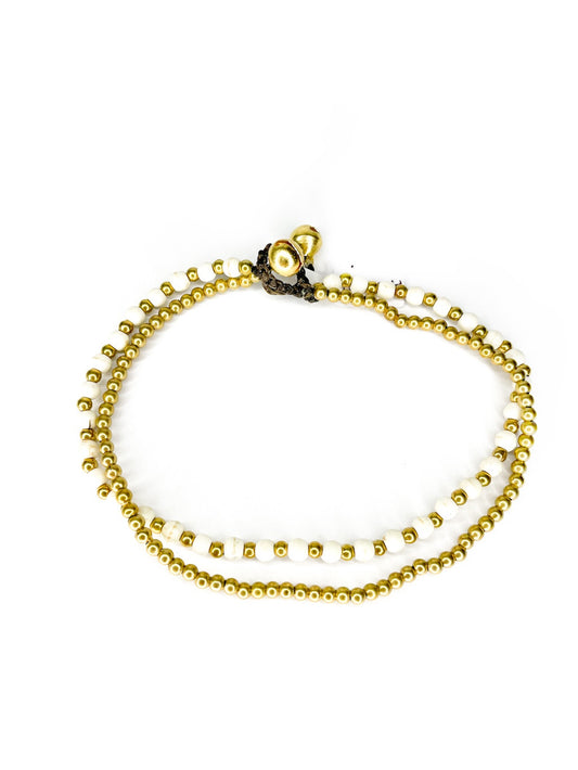 Stone and brass double stranded beaded anklet - various colours