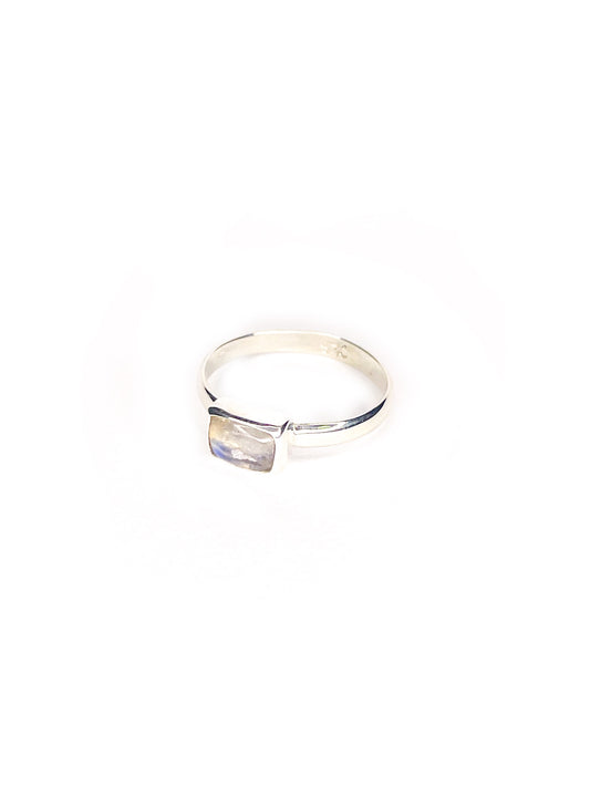 Rectangular rainbow moon stone silver ring