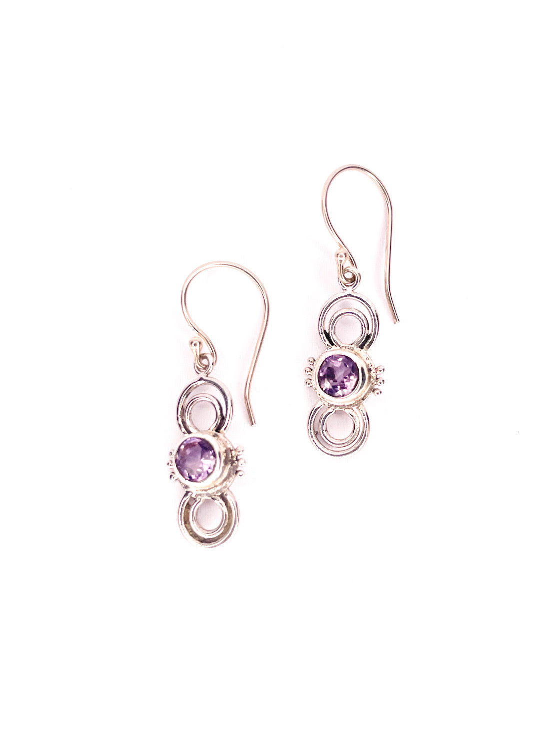 Round amethyst silver drop earrings