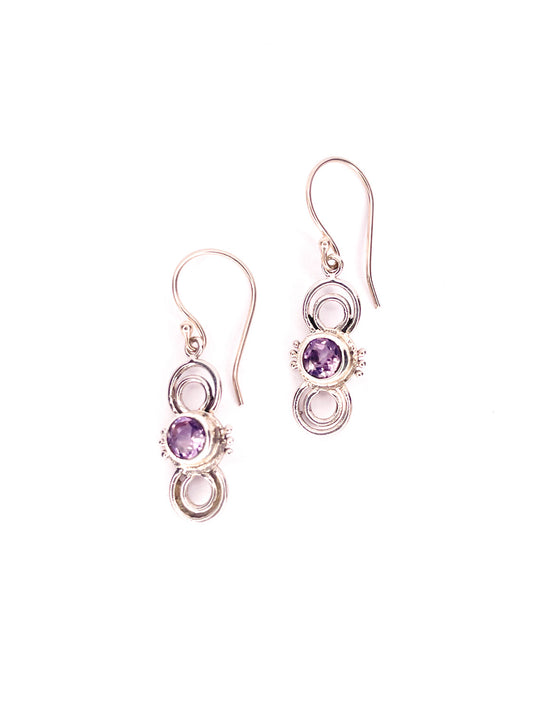Round amethyst silver drop earrings