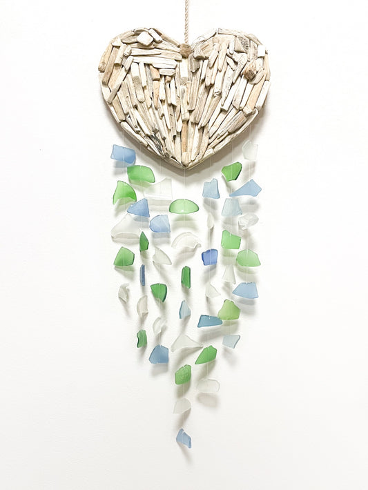 Driftwood and tumbled glass heart mobile - 72cm