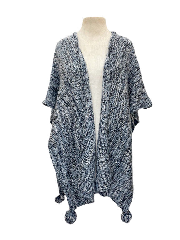 Marled yarn open poncho with pom-poms - various colours