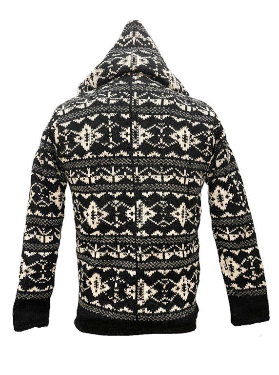 ❤Wool Zip Through Fleece Lined Hoodie - Black, grey, cream geometric