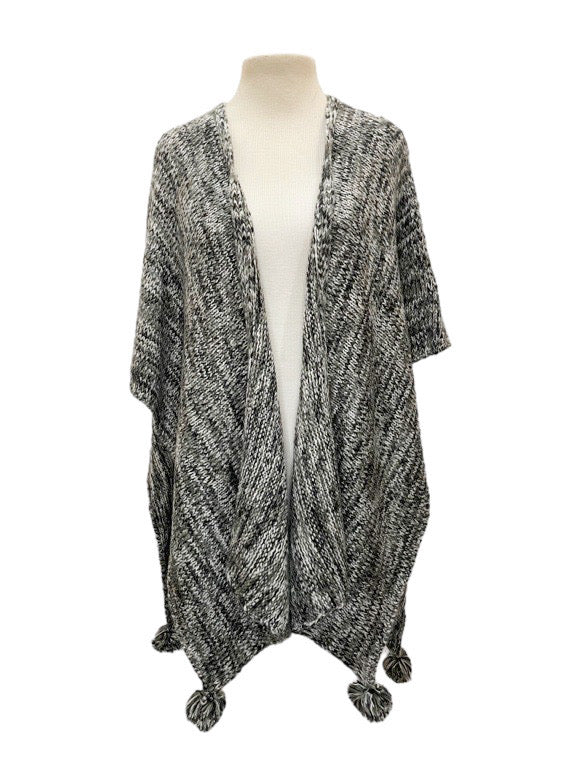 Marled yarn open poncho with pom-poms - various colours