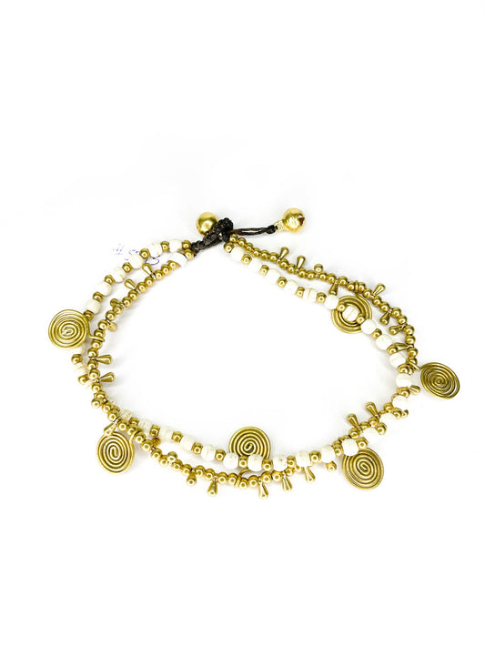 Stone and brass beaded double strand anklet with spiral detail - various colours