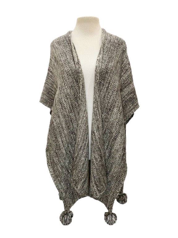 Marled yarn open poncho with pom-poms - various colours