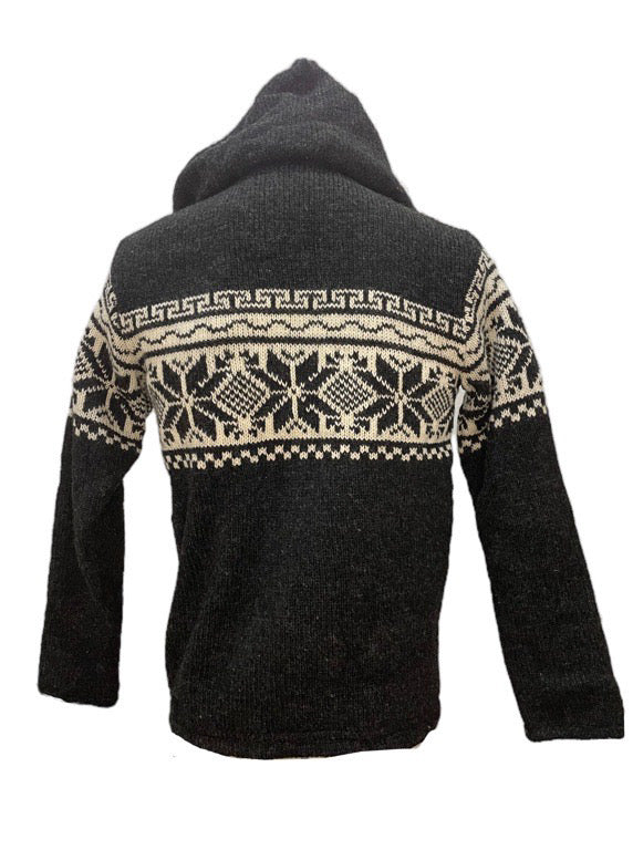 Wool Zip Through Fleece Lined Hoodie - Charcoal and cream