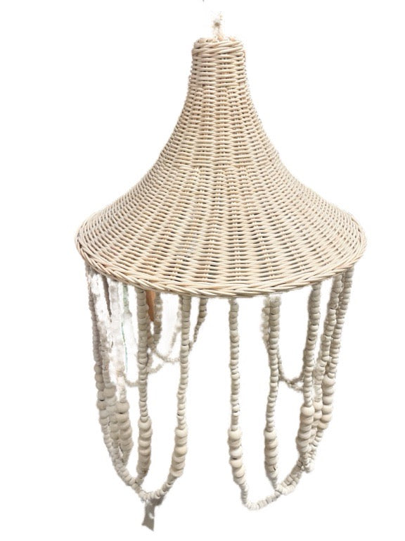 Rattan lamp shade with wooden bead trim