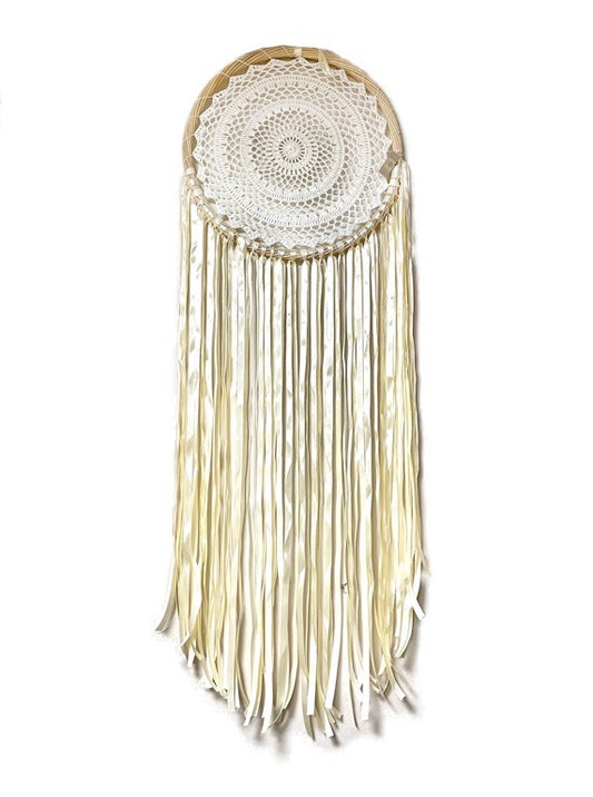 Rattan & crochet dream catcher with ribbons 42cm diameter