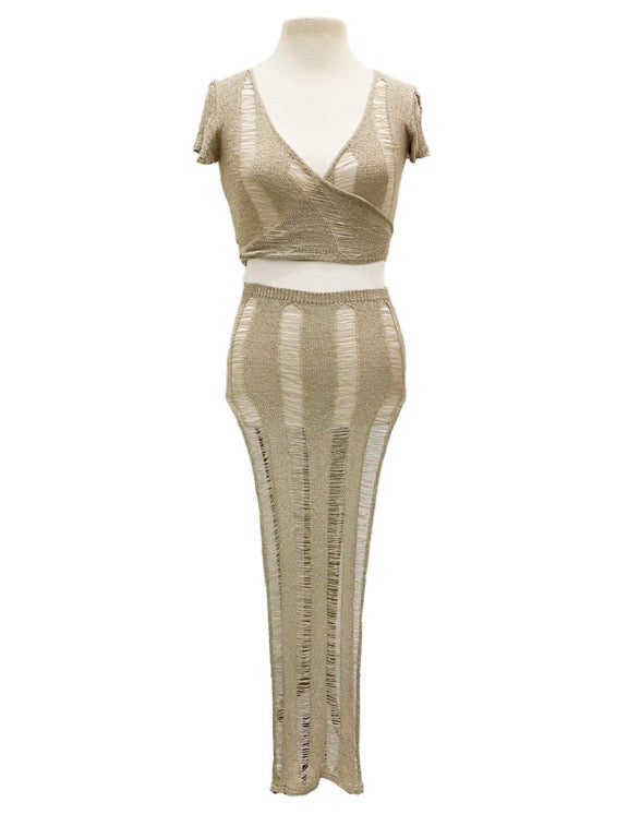 Knitted wrap top & long skirt set - various
