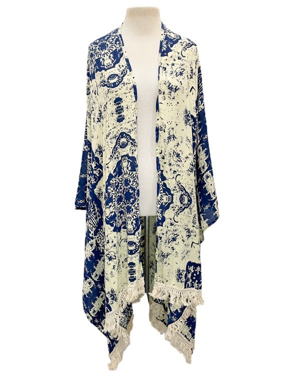 Kaftan printed jacket with fringe trim - various