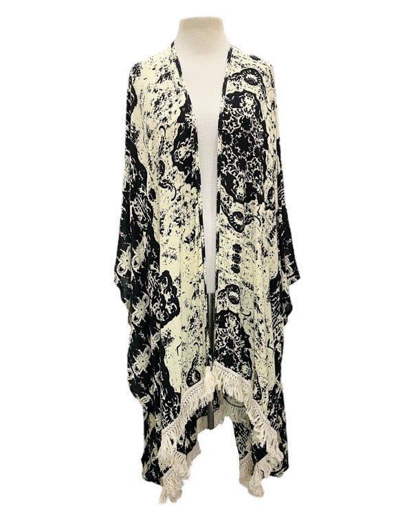 Kaftan printed jacket with fringe trim - various