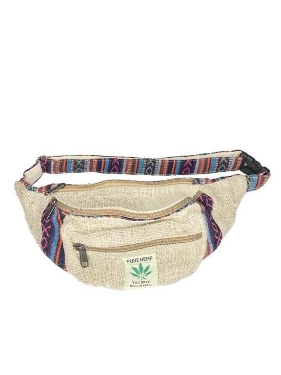 Waist or cross-body clip on hemp bag - colourful trim
