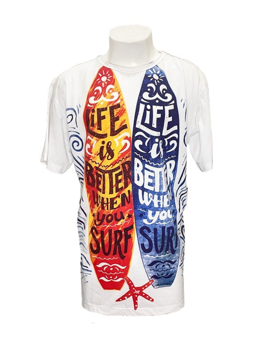 "Life is better when you surf" white cotton tee shirt - X-large 58cm 1/2 chest