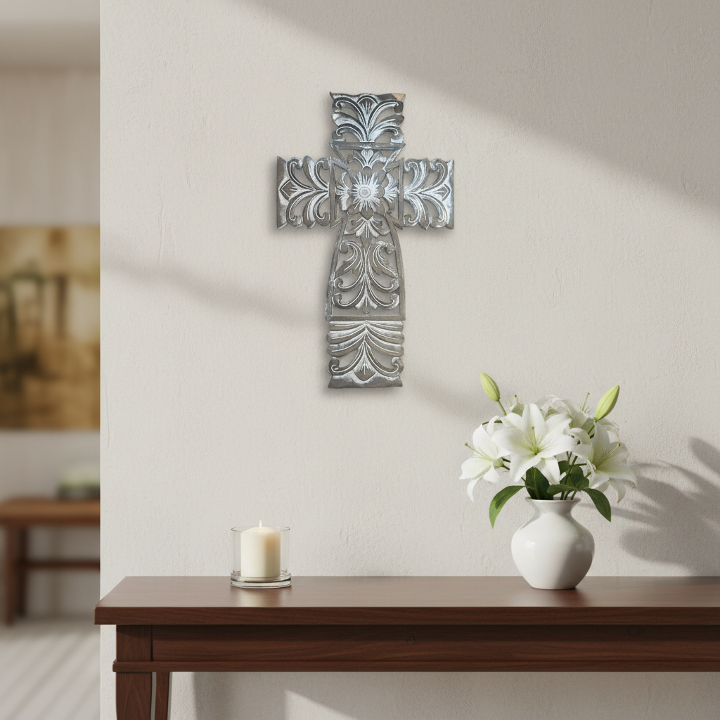 Decorative cross on a wall above a wooden table with a vase of flowers and a candle.