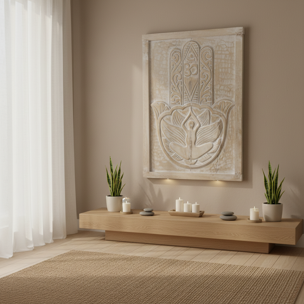 Decorative wall panel with Hamsa design in a room with plants and candles.