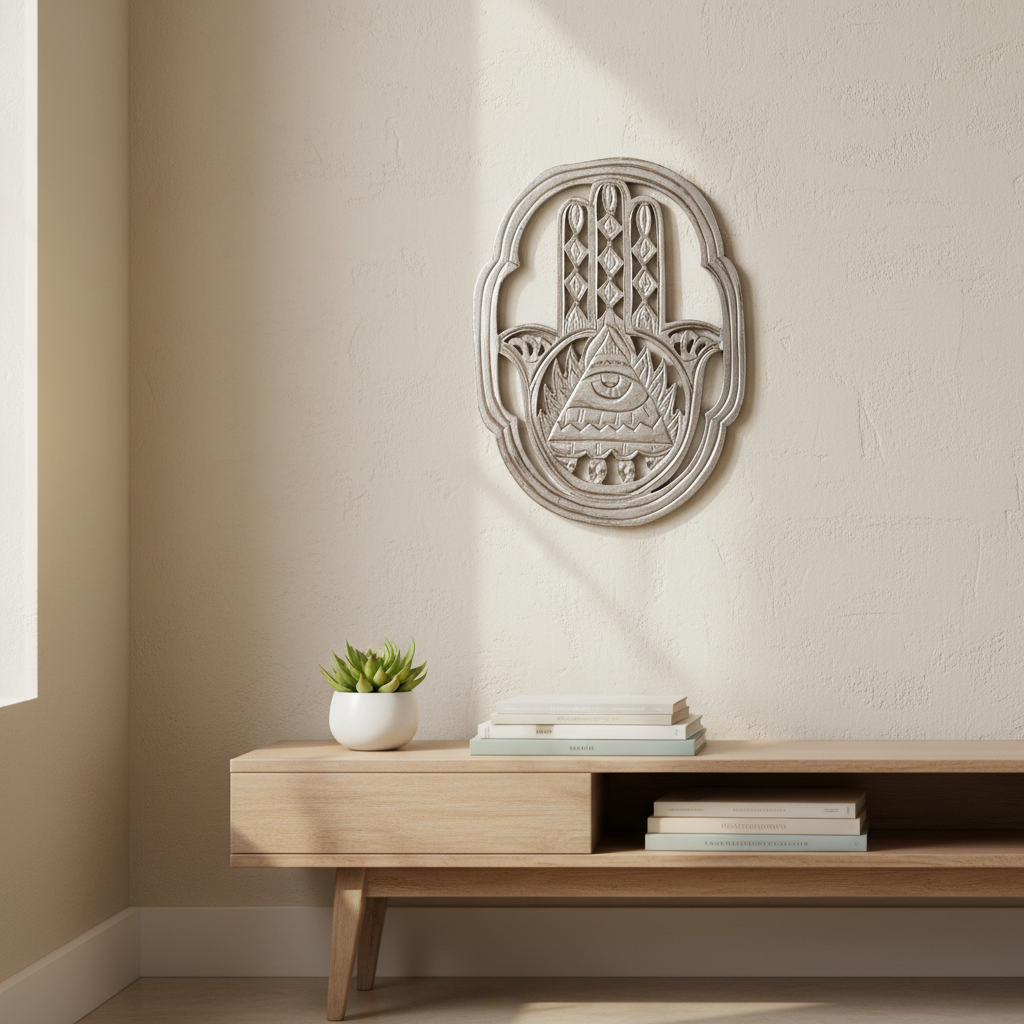 Decorative wall art with a geometric design on a beige wall above a wooden console table.