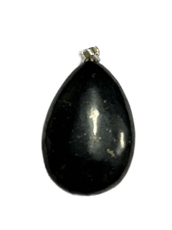 Black teardrop-shaped pendant on a white background