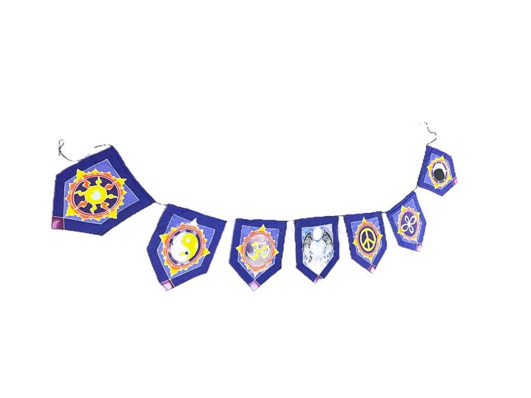 Decorative banner with colorful designs on a white background