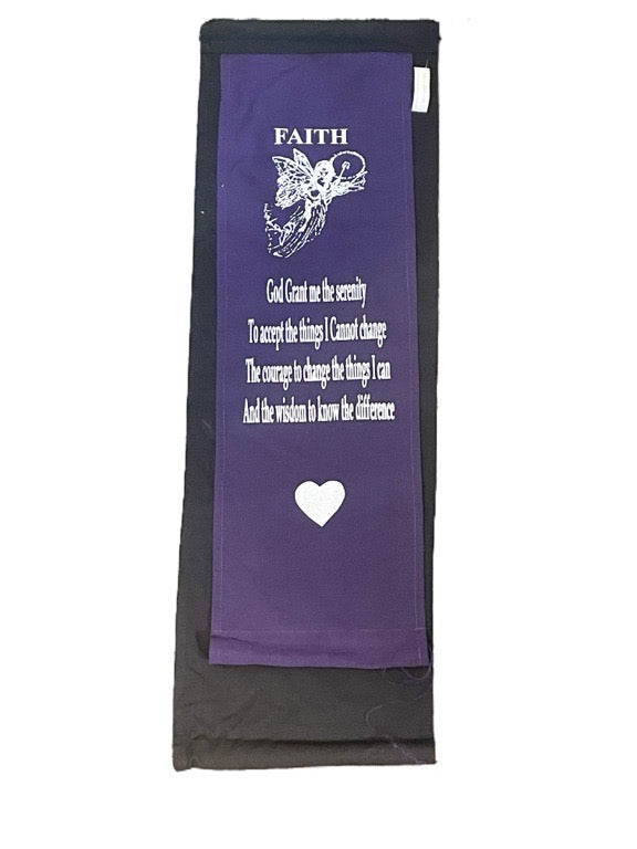 Purple pouch with text and a heart design on a white background