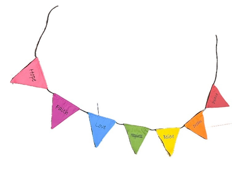 Colorful triangular flags with words on a white background