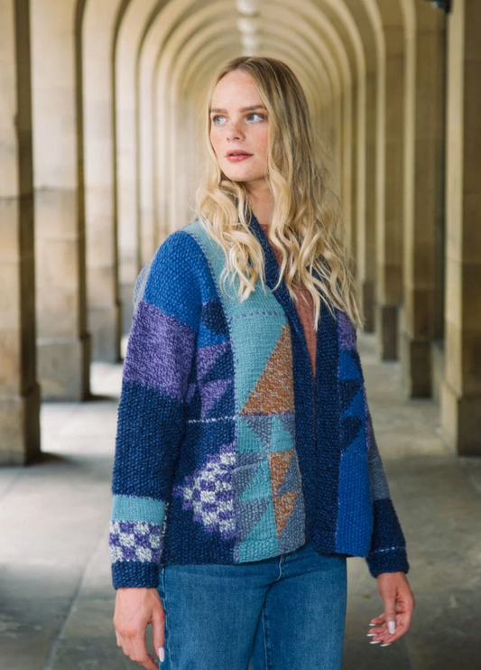 Forever Amano Geo Patchwork Cardigan in denim