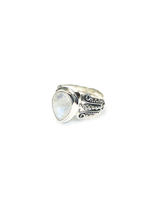 Rainbow moonstone teardrop silver ring