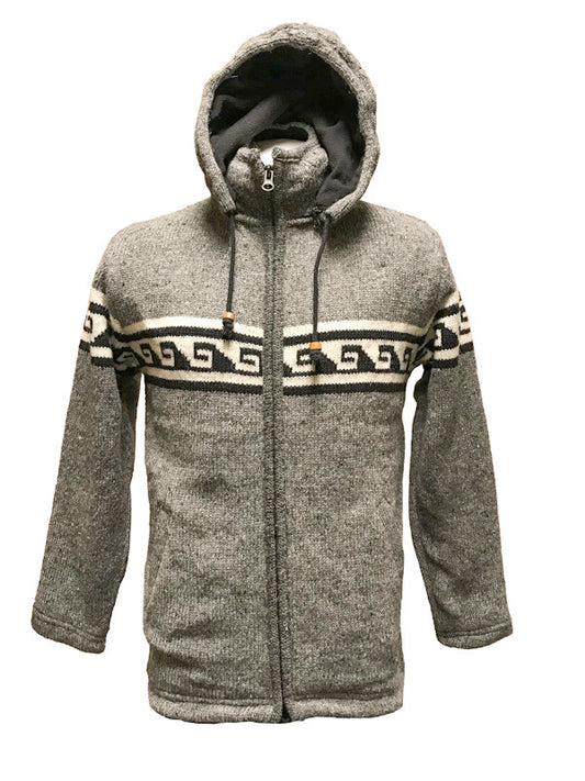 Wool Zip Through Fleece Lined Hoodie - Grey Wave - End of range