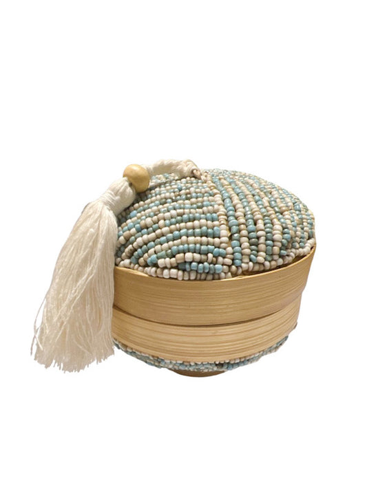 Round Cream & Blue beaded bamboo jewellery box