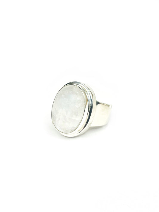 Oval rainbow moonstone silver ring