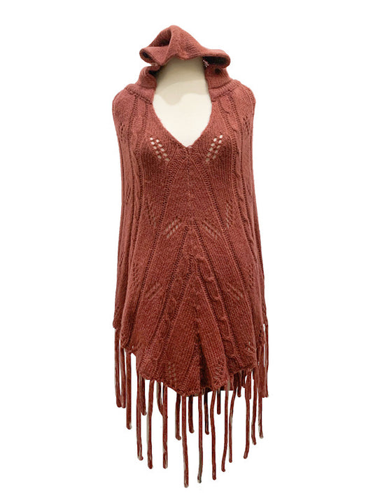 ❤Poncho with cables, hoody & tassels