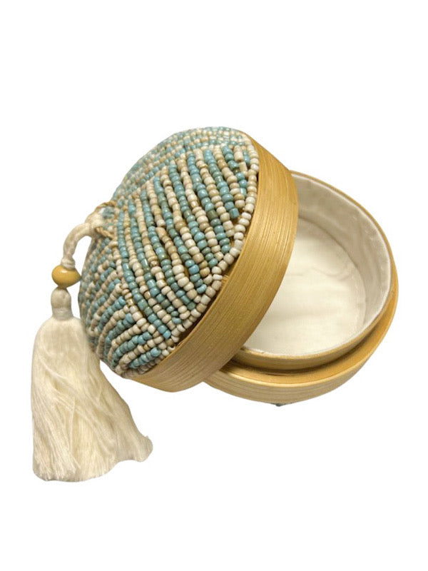Round Cream & Blue beaded bamboo jewellery box