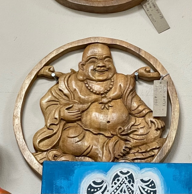 Laughing Buddha wooden wallhanging 30cm