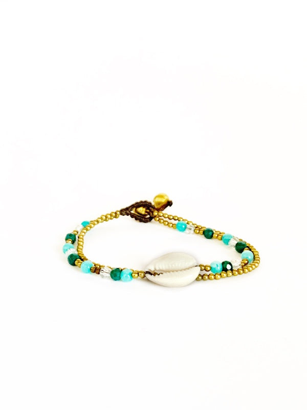 Cowry shell, brass and crystal bead bracelet various