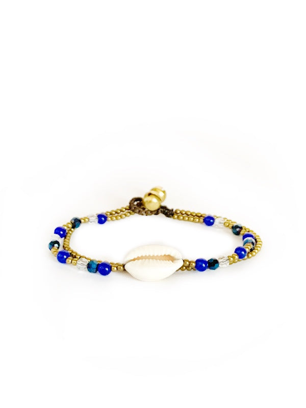 Cowry shell, brass and crystal bead bracelet various