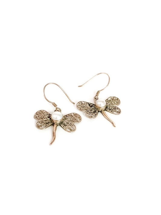 Silver and pearl dragonfly earrings
