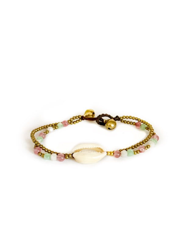 Cowry shell, brass and crystal bead bracelet various