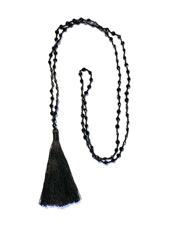 Fine briolette diamond cut black spinel 108 bead mala