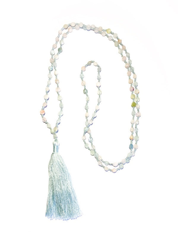 ❤ Fine briolette diamond cut morganite 108 bead mala